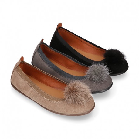 Suede leather Girl ballet flat shoes with elastic band and POMPOM design.