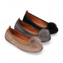 Suede leather Girl ballet flat shoes with elastic band and POMPOM design.