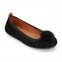 Suede leather Girl ballet flat shoes with elastic band and POMPOM design.