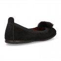 Suede leather Girl ballet flat shoes with elastic band and POMPOM design.