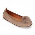 Suede leather Girl ballet flat shoes with elastic band and POMPOM design.
