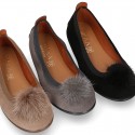 Suede leather Girl ballet flat shoes with elastic band and POMPOM design.