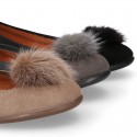 Suede leather Girl ballet flat shoes with elastic band and POMPOM design.