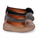 Suede leather Girl ballet flat shoes with elastic band and POMPOM design.