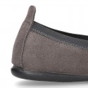 Suede leather Girl ballet flat shoes with elastic band and POMPOM design.