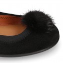 Suede leather Girl ballet flat shoes with elastic band and POMPOM design.