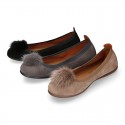 Suede leather Girl ballet flat shoes with elastic band and POMPOM design.