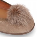 Suede leather Girl ballet flat shoes with elastic band and POMPOM design.