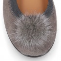 Suede leather Girl ballet flat shoes with elastic band and POMPOM design.