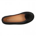 Suede leather Girl ballet flat shoes with elastic band and POMPOM design.