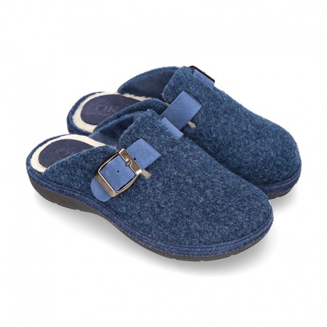 JEANS color Wool effect OKAA CLOG Home shoes with buckle design.