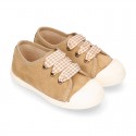 Suede leather Kids Sneaker or Bamba style shoes with toe cap and VICHY ties closure.