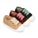 Suede leather Kids Sneaker or Bamba style shoes with toe cap and VICHY ties closure.