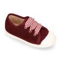 Suede leather Kids Sneaker or Bamba style shoes with toe cap and VICHY ties closure.