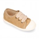 Suede leather Kids Sneaker or Bamba style shoes with toe cap and VICHY ties closure.