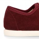 Suede leather Kids Sneaker or Bamba style shoes with toe cap and VICHY ties closure.