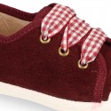 Suede leather Kids Sneaker or Bamba style shoes with toe cap and VICHY ties closure.