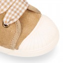 Suede leather Kids Sneaker or Bamba style shoes with toe cap and VICHY ties closure.