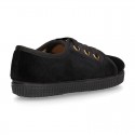 Casual kids BAMBA type shoes with ties closure in velvet canvas.