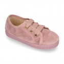 Casual kids BAMBA type shoes with ties closure in velvet canvas.