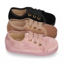 Casual kids BAMBA type shoes with ties closure in velvet canvas.