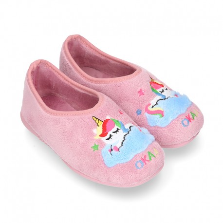 Zapatilla casa niñas OKAA UNICORNIO con elástico en lana.