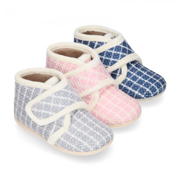SQUARE Wool design fall-winter Kids home bootie shoes laceless.