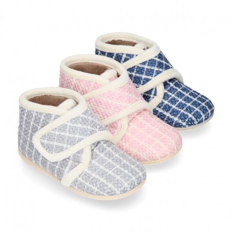 SQUARE Wool design fall-winter Kids home bootie shoes laceless.