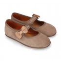 Suede leather little Girl Mary Jane shoes with hook and loop strap and BOW.