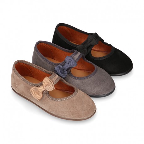 Suede leather little Girl Mary Jane shoes with hook and loop strap and BOW.