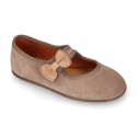 Suede leather little Girl Mary Jane shoes with hook and loop strap and BOW.