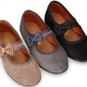 Suede leather little Girl Mary Jane shoes with hook and loop strap and BOW.