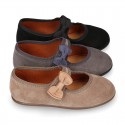 Suede leather little Girl Mary Jane shoes with hook and loop strap and BOW.