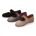 Suede leather little Girl Mary Jane shoes with hook and loop strap and BOW.