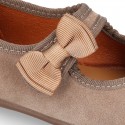 Suede leather little Girl Mary Jane shoes with hook and loop strap and BOW.
