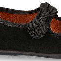 Suede leather little Girl Mary Jane shoes with hook and loop strap and BOW.