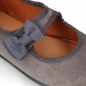 Suede leather little Girl Mary Jane shoes with hook and loop strap and BOW.