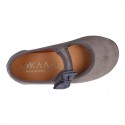 Suede leather little Girl Mary Jane shoes with hook and loop strap and BOW.