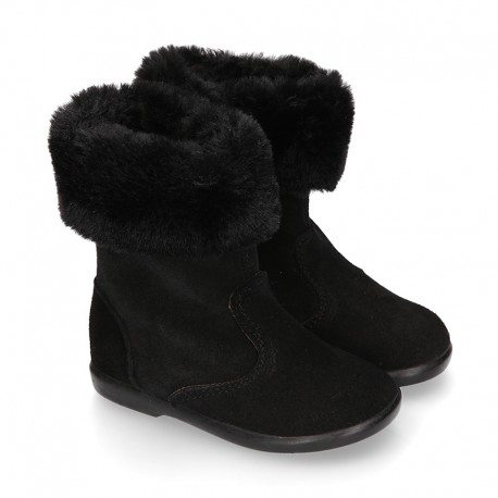Classic Girl BLACK suede leather boots with FUR NECK design.