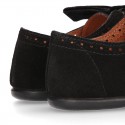 BLACK Suede leather Kids Laces up shoes with BOW design.