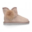 Suede leather Australian style Boot shoes with POMPOM design and fake hair lining.