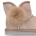 Suede leather Australian style Boot shoes with POMPOM design and fake hair lining.