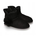 BLACK Suede leather Australian style Boot shoes with POMPOM design and fake hair lining.