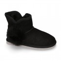 BLACK Suede leather Australian style Boot shoes with POMPOM design and fake hair lining.