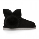 BLACK Suede leather Australian style Boot shoes with POMPOM design and fake hair lining.