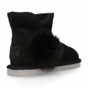 BLACK Suede leather Australian style Boot shoes with POMPOM design and fake hair lining.