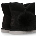 BLACK Suede leather Australian style Boot shoes with POMPOM design and fake hair lining.