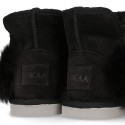 BLACK Suede leather Australian style Boot shoes with POMPOM design and fake hair lining.