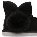 BLACK Suede leather Australian style Boot shoes with POMPOM design and fake hair lining.