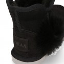 BLACK Suede leather Australian style Boot shoes with POMPOM design and fake hair lining.